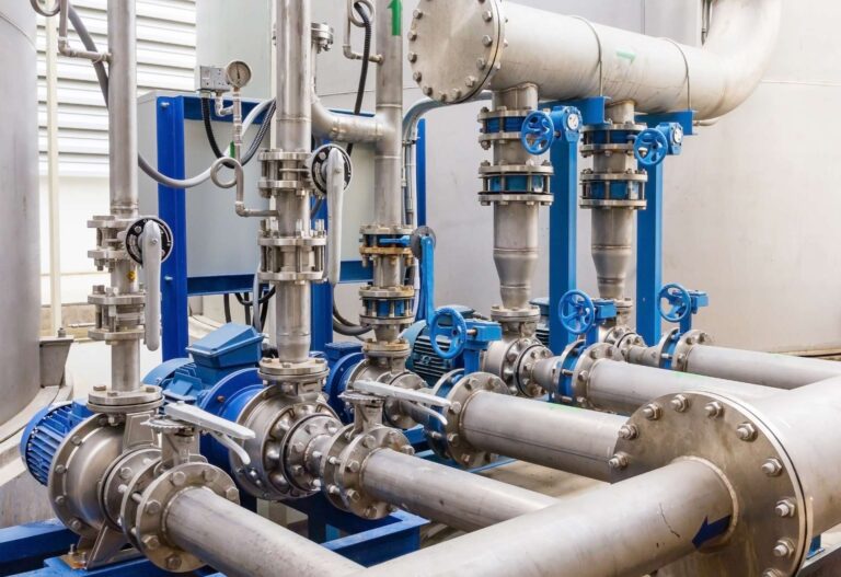 Industrielles Rohrleitungssystem mit Edelstahlrohren, Ventilen und Elektromotoren für den Flüssigkeitstransport, das ein gut organisiertes Layout in einer Produktionsanlage zeigt.