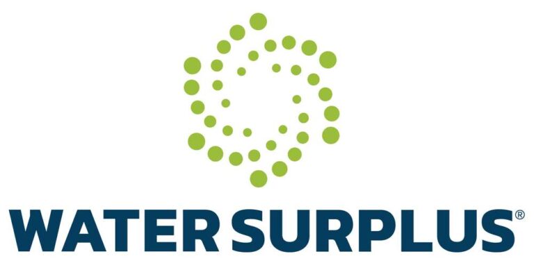 Logo of Water Surplus, featuring a green swirl design made of dots above the text "WATER SURPLUS" in bold blue letters, representing sustainable water solutions and resource management.