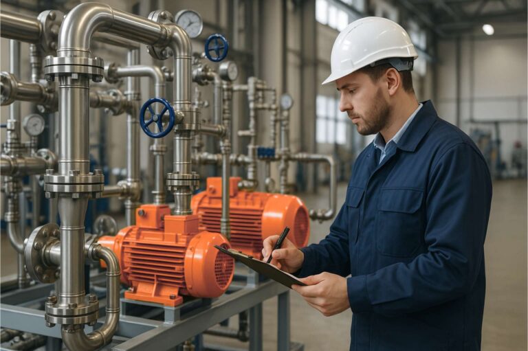 Engineer inspecting industrial piping system with electric motors in a factory setting, wearing a safety helmet and taking notes on a clipboard.