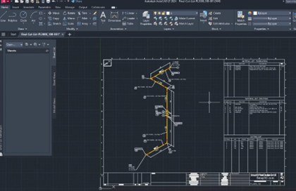 Detailed AutoCAD blueprint showing a technical drawing with annotations and dimensions, illustrating a design layout with various layers and measurements.