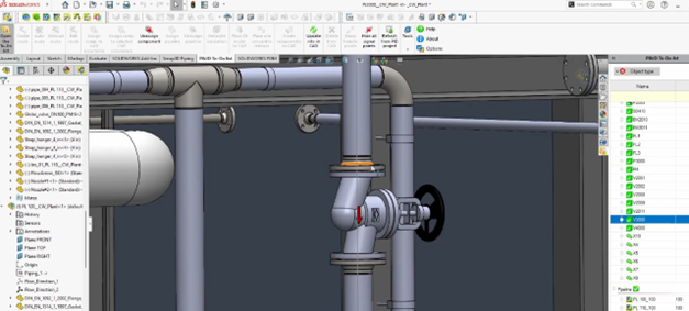 3D rendering of industrial piping system with valves and fittings, showcasing detailed components and software interface for design and modeling.