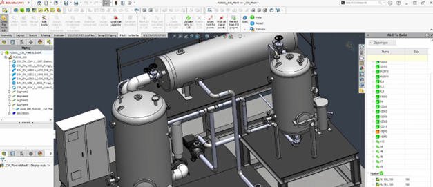 3D rendering of industrial equipment featuring two large tanks, piping, and a control panel, showcasing detailed design elements for engineering applications.