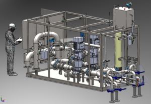 3D-Rendering eines industriellen Pumpensystems.