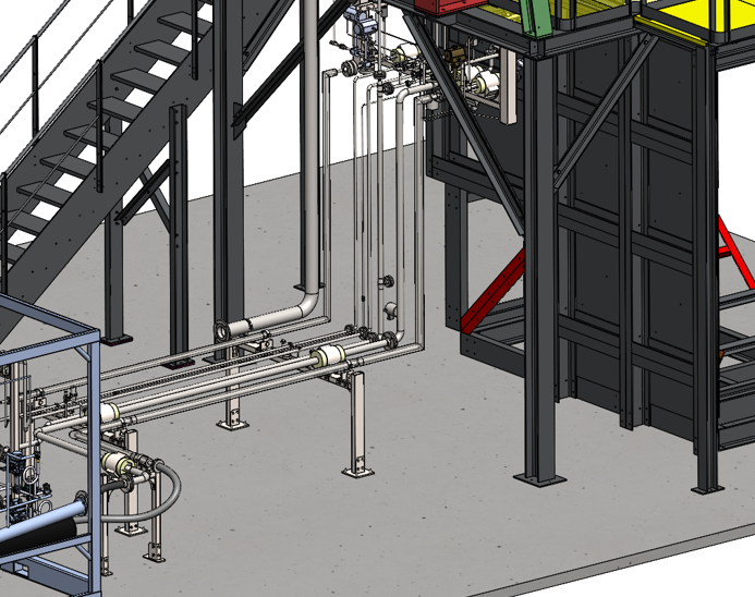 Cryogenic fluidic lines connecting process skids to a launcher platform, including LOX, helium, and nitrogen piping designed by Cryocad for SpaceDreams.