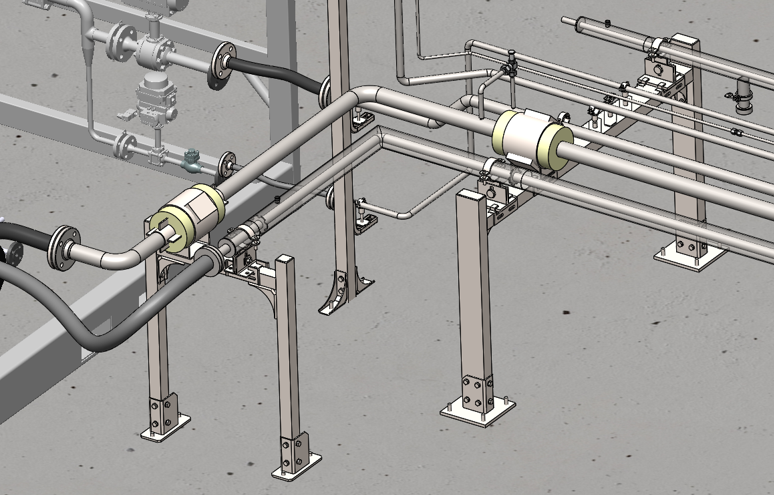 3D model of cryogenic piping designed with SolidWorks and Smap3D Plant Design showing double-wall vacuum-insulated lines.