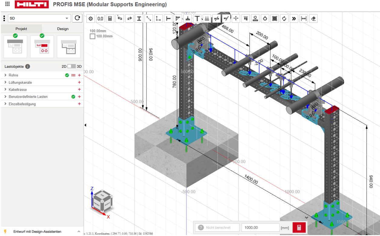 Hilti PROFIS MSE modular support engineering platform showing 3D pipe support structure design with load calculations.