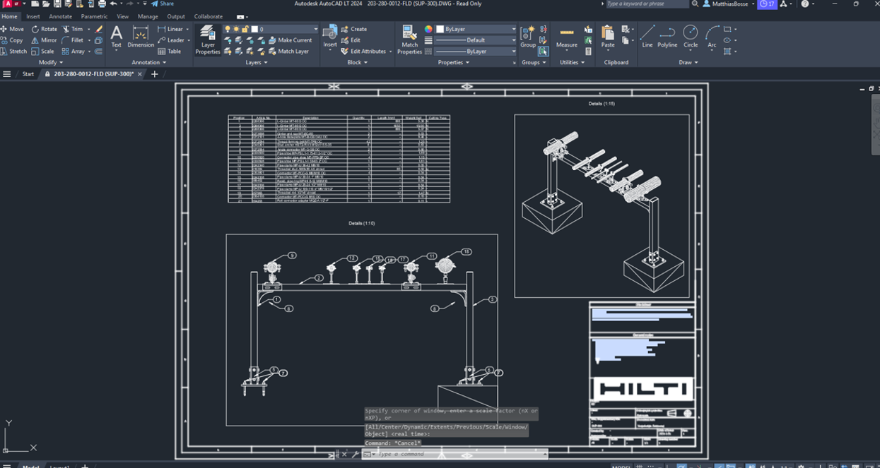 AutoCAD drawing export from Hilti MSE showing pipe support layout with dimensions and bill of materials.