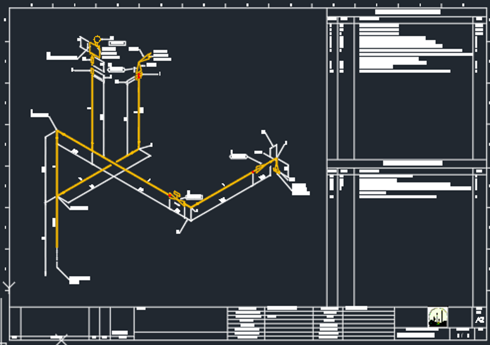 Smap3D isometric drawing with PCF export showing pipeline routing, dimensions, and component annotations for fabrication.