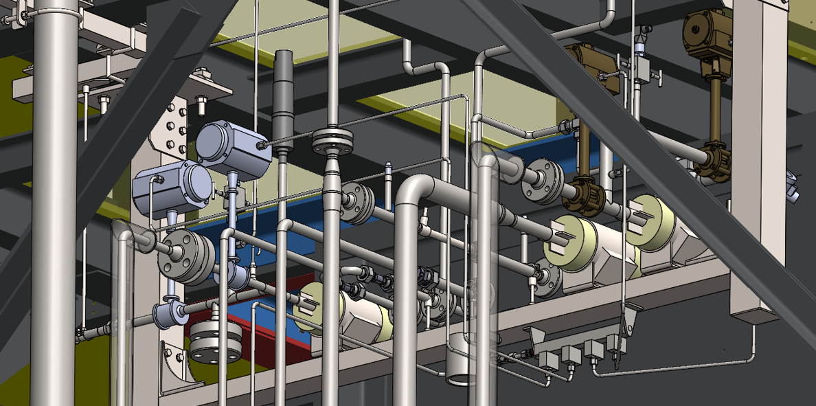 Detailed view of launcher piping manifold with valves and instrumentation.