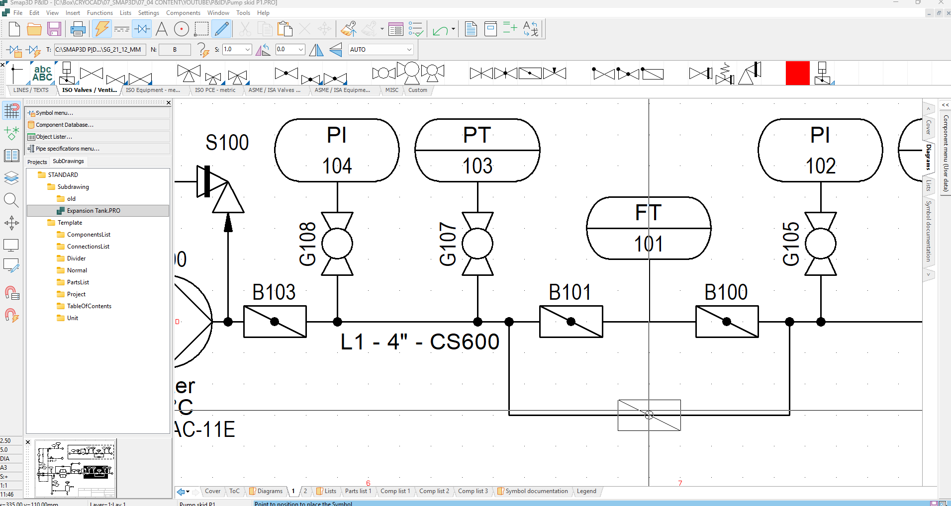 Placing a symbol on a pipeline in Smap3D P&ID, automatically aligning and splitting the line at the correct location.