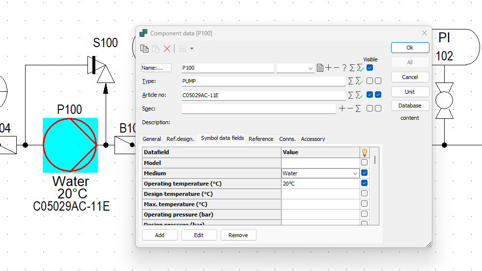 Component data card in Smap3D P&ID showing article number, medium, and operating temperature fields.
