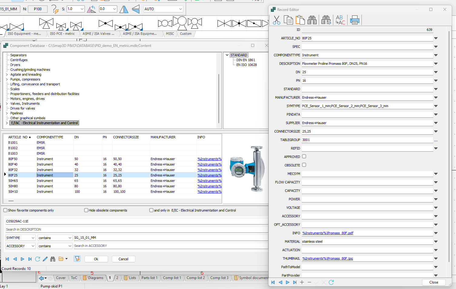 Smap3D P&ID component database showing article selection with manufacturer data and technical specifications.