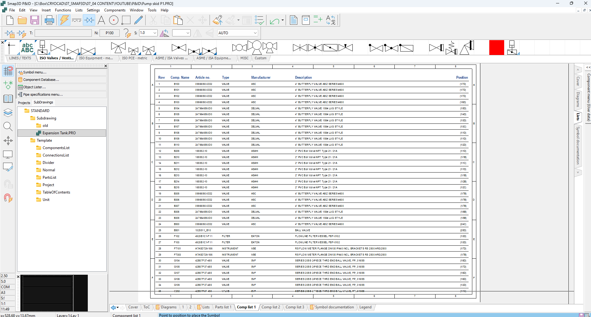 Automatically generated component list in Smap3D P&ID showing tag numbers, article numbers, and manufacturer data.