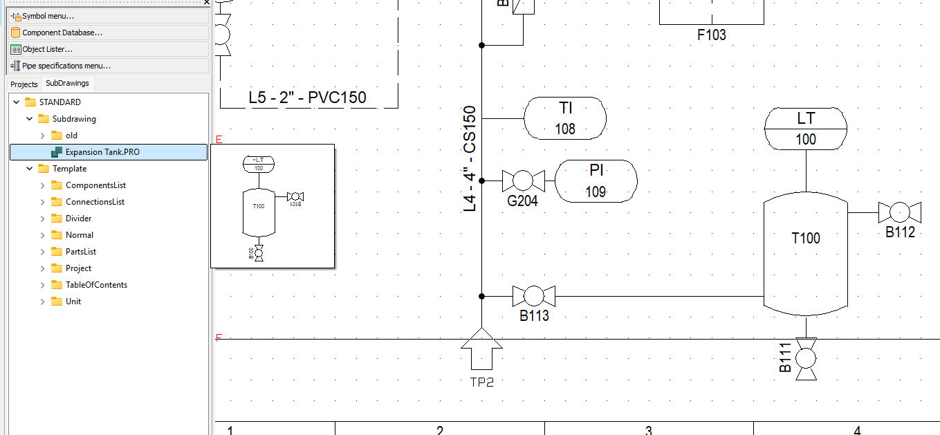Reusable subdrawing library in Smap3D P&ID showing an expansion tank arrangement ready to insert into a project.