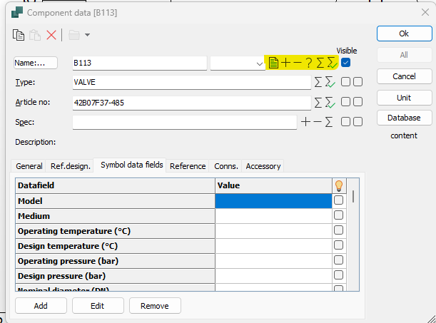 Component data window in Smap3D P&ID showing tag assignment options for a valve component.