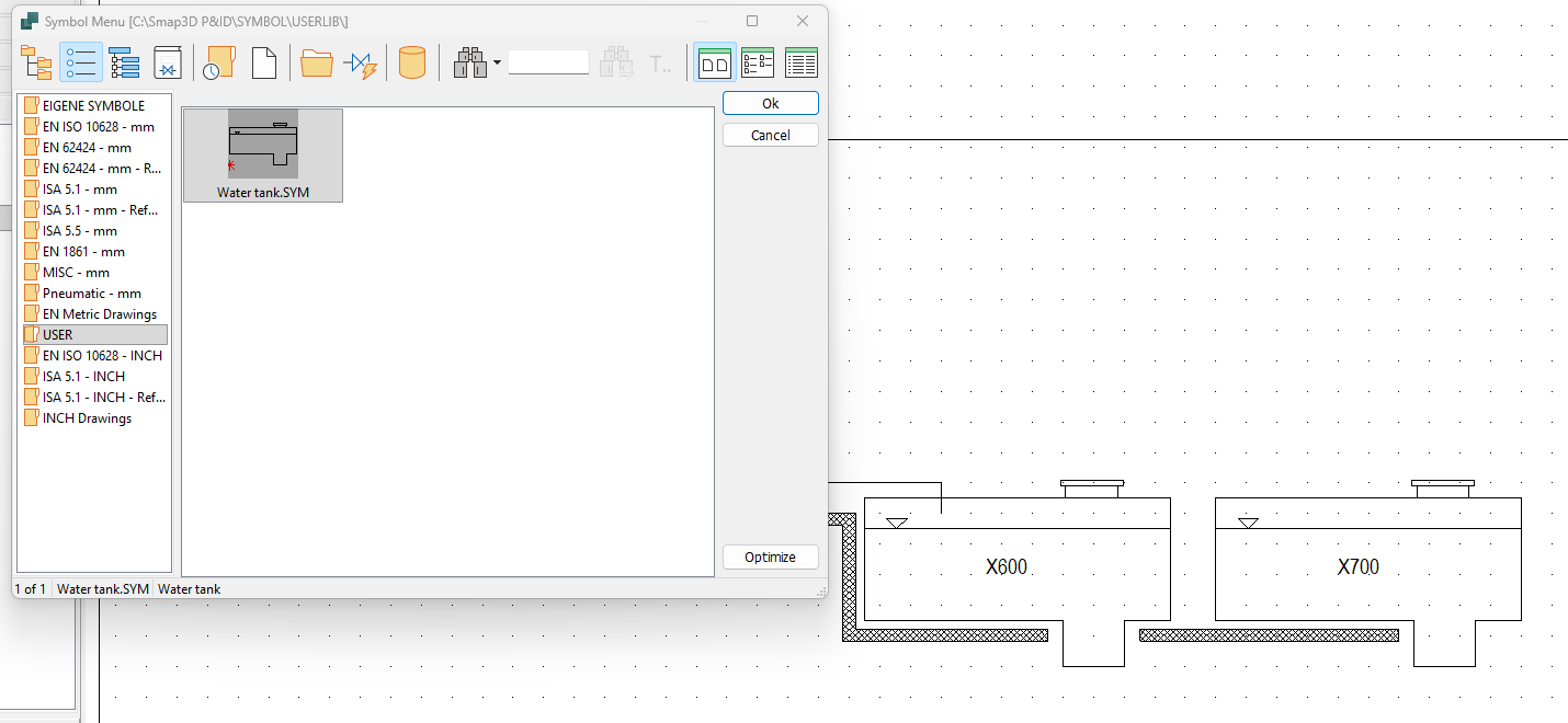 Custom water tank symbol available in the Smap3D P&ID symbol library, ready to insert into a project.